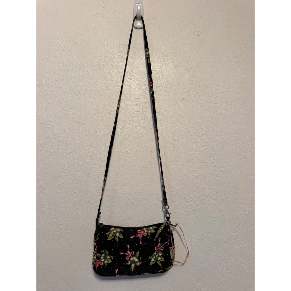 Vera Bradley Quilted Crossbody Bag Black Floral Pink Bows Polka Dot Pocket Bag